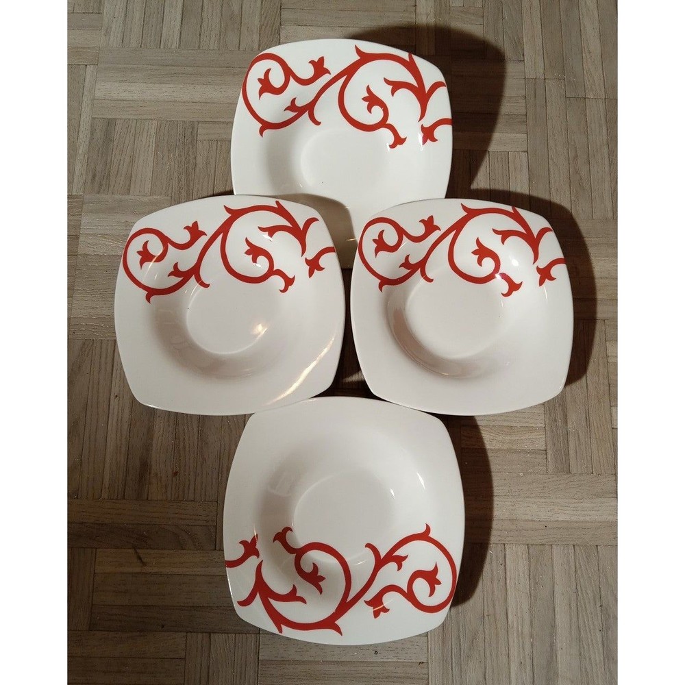 Coventry Scroll Red Contemporary Modern Large Rim Square Porcelain Bouls Set 4